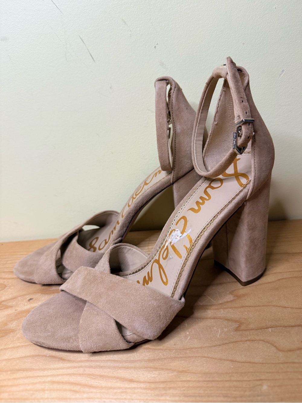 Sam Edelman Yancy Beige Suede Open Toe Ankle Strap Block Heels 4” Neutral Size 9